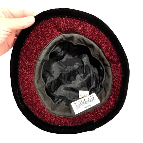 Toucan burgundy red chenille bucket hat black trim flowers on hatband soft warm - Picture 8 of 10